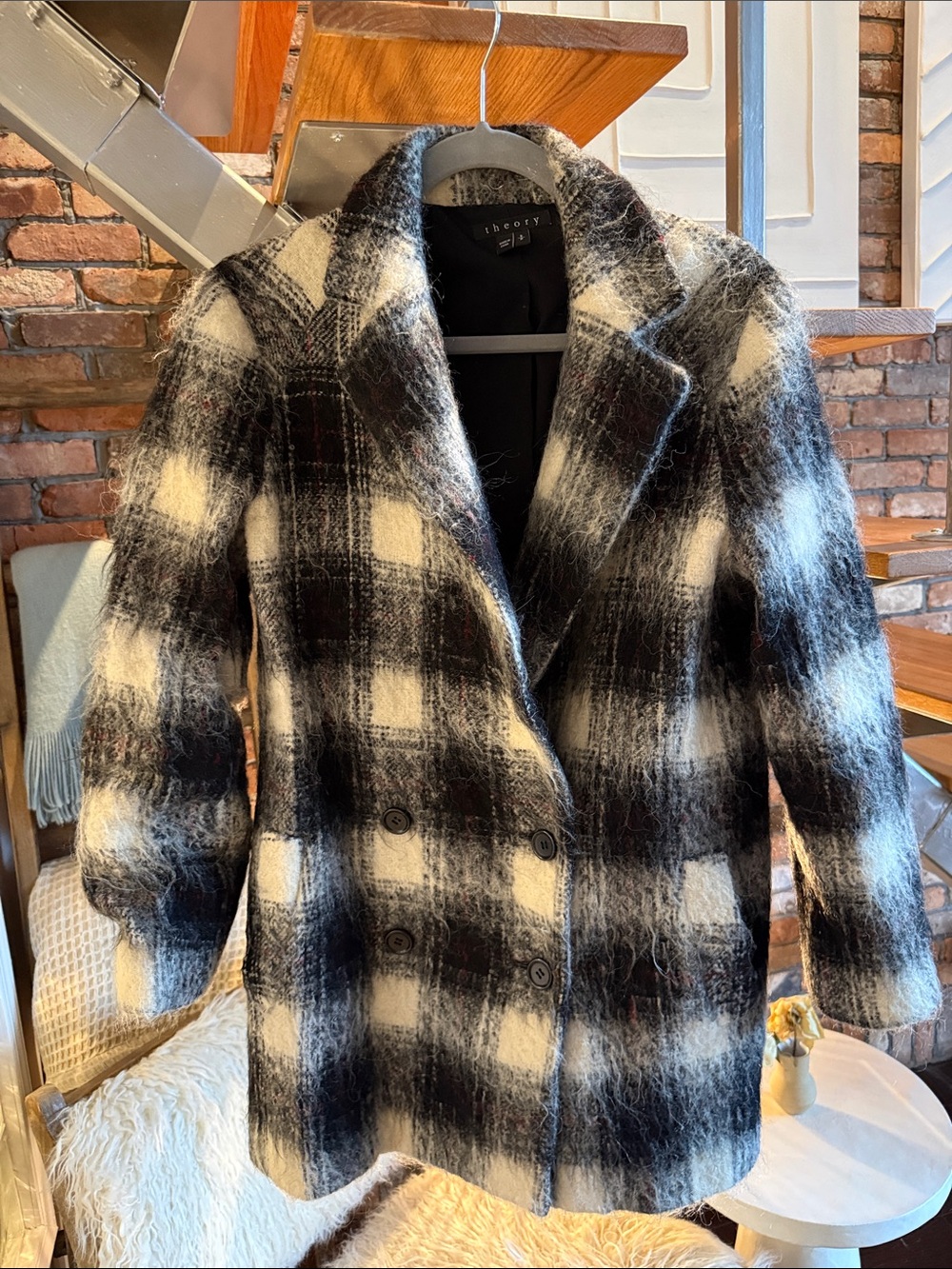 Theory Black & White Plaid Double-Breasted Pea Coat